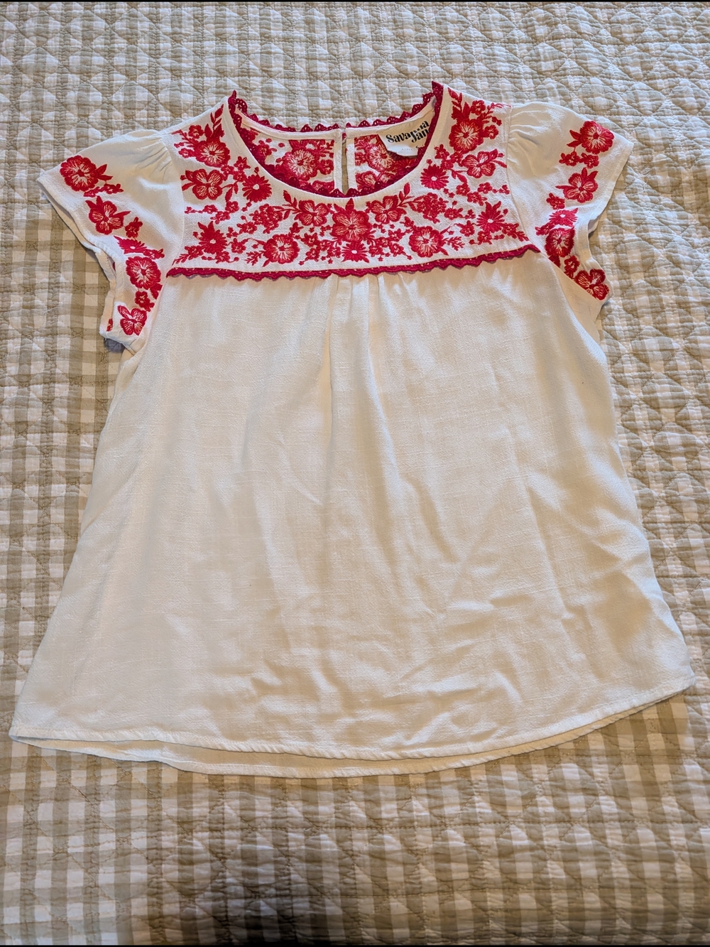 Savanna Jane White Short-Sleeve Top with Red Floral Embroidery